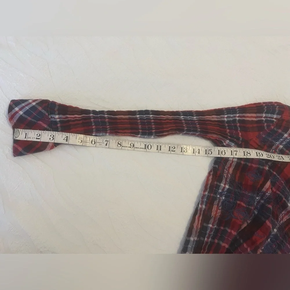 Free People XS Plaid Embroidered Button-Up Shirt Red/Blue Long Sleeve Cotton